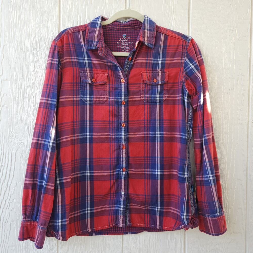 Kuhl Flannel Shirt Women M Plaid Button Lined Granola Camping Gorpcore Hiking
